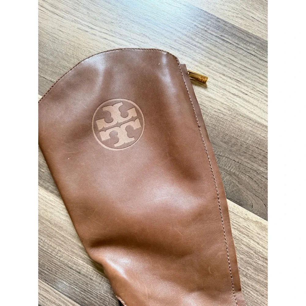 Tory Burch Rain Boots Womens Brown Black Good Tall Leather Rubber Logo Buckle